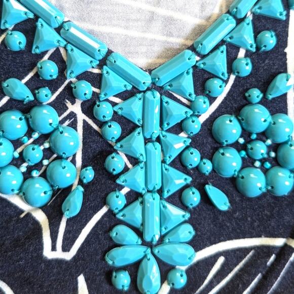 Boden 3/4 Sleeve Tropical Vacation Beaded Stretch Jersey Comfy Mini Dress - Picture 5 of 5